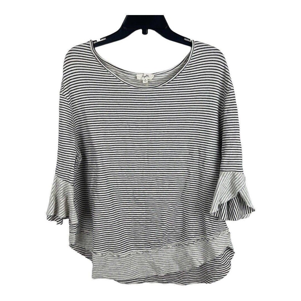 Kye Mi Women Striped Bell Sleeve Size M High Low Raw Hem Top Black White Casual